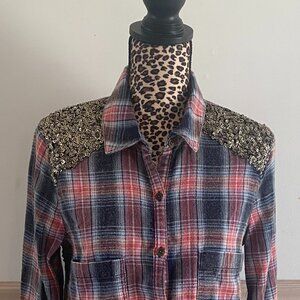 Free People Little‎ Bit of Sugar Sequin Plaid Shirt Size Small Petite.